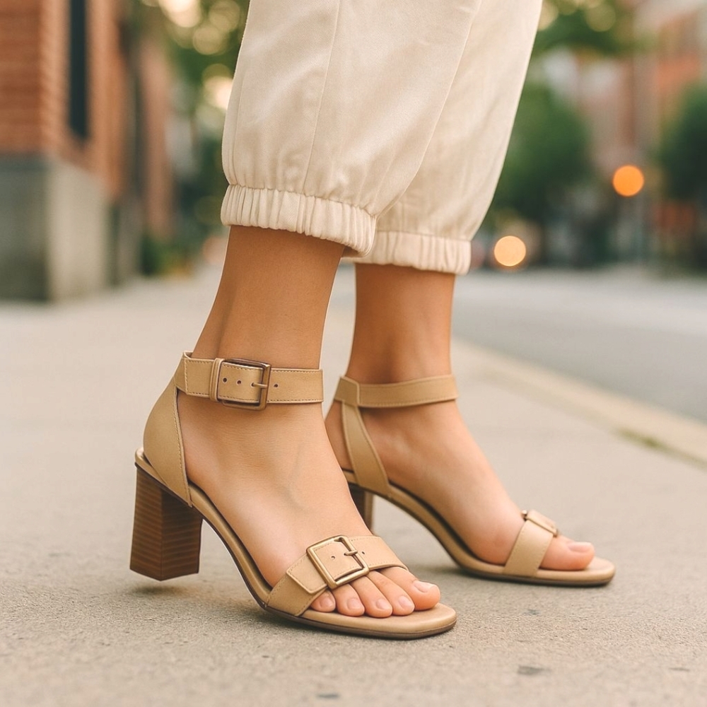 Etienne Aigner Heeled Ankle Strap Leather Sandals Shoes Women's Size 6.5 Tan 3"